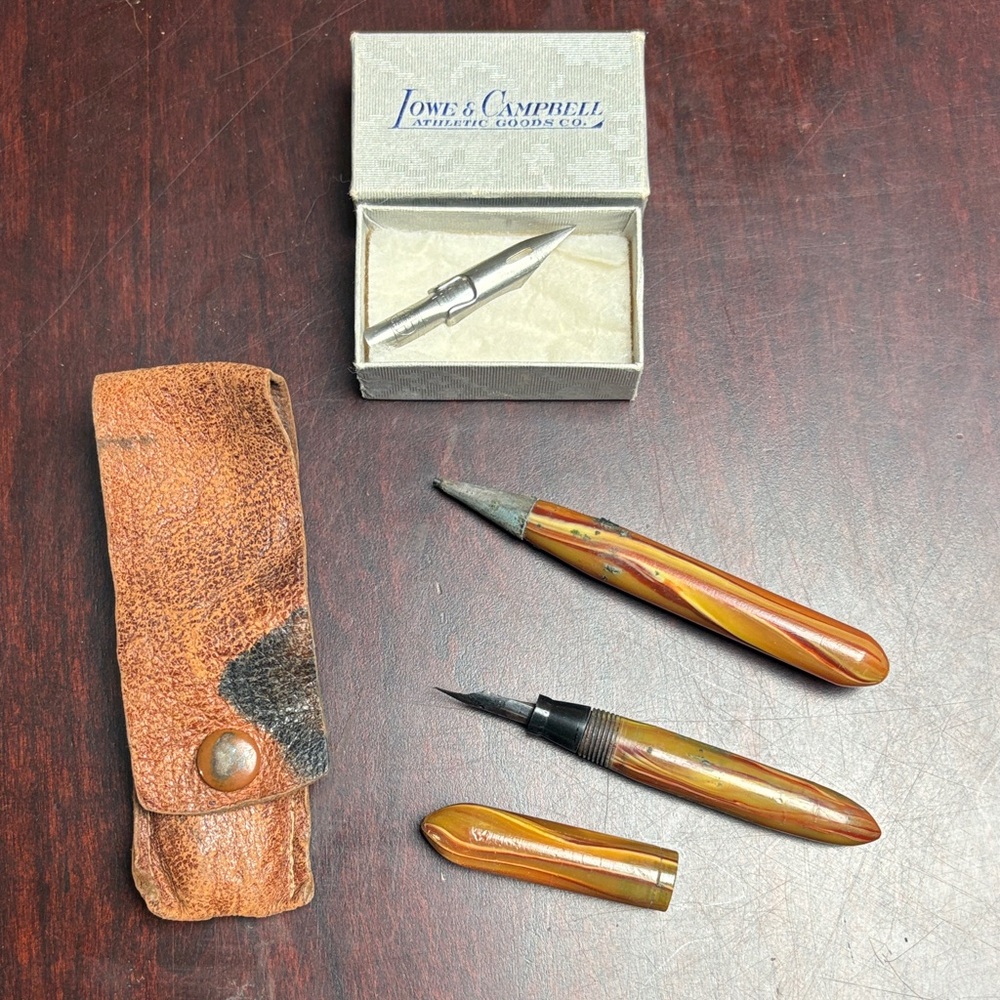 Antique Mechanical Pencial & Fountain Pen Set with Leather Pouchm Marbled Design